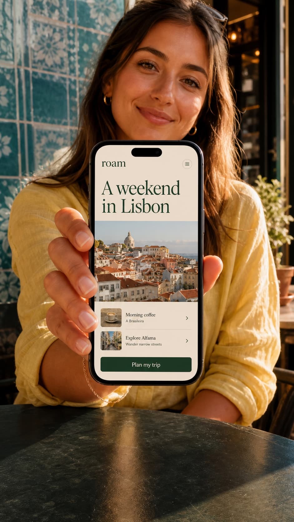 A creator presenting a travel app on her phone